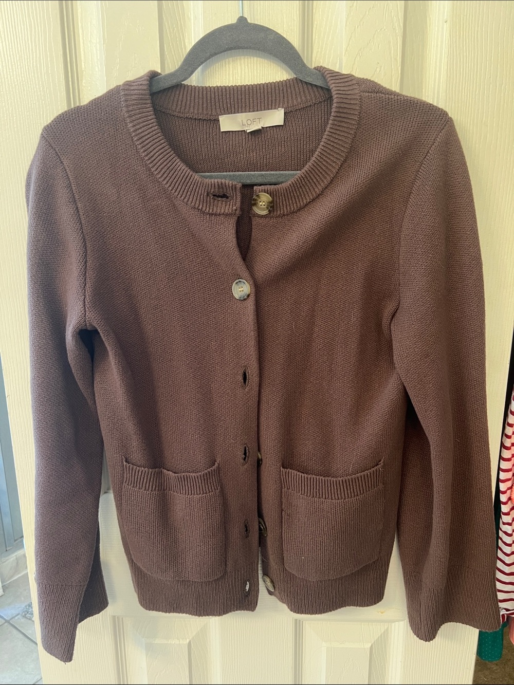 LOFT Women's Mauve-Brown Crewneck Button Cardigan